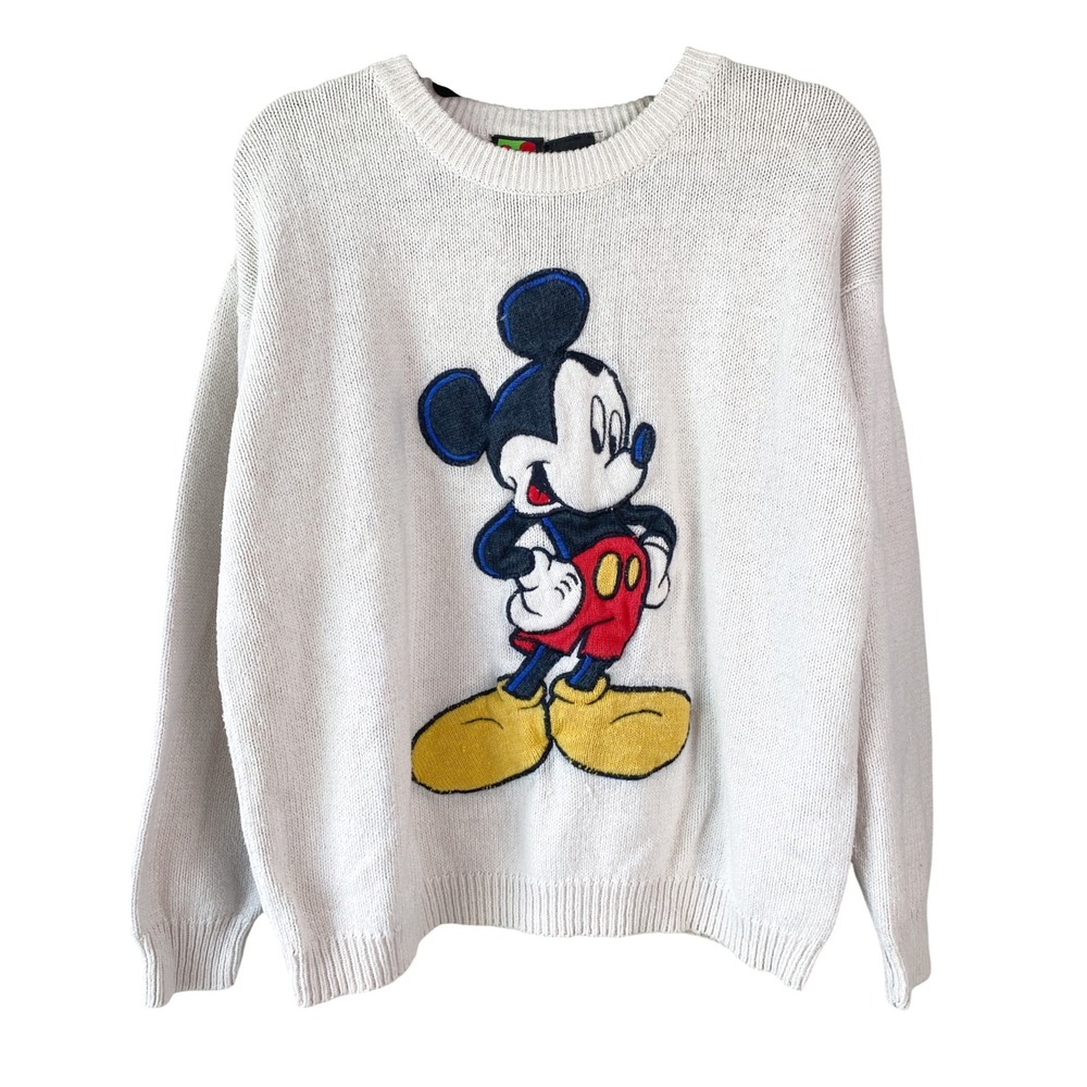 Disney Mickey Sweater L White Vintage Retro Cotton Knit Pullover Magic Kingdom
